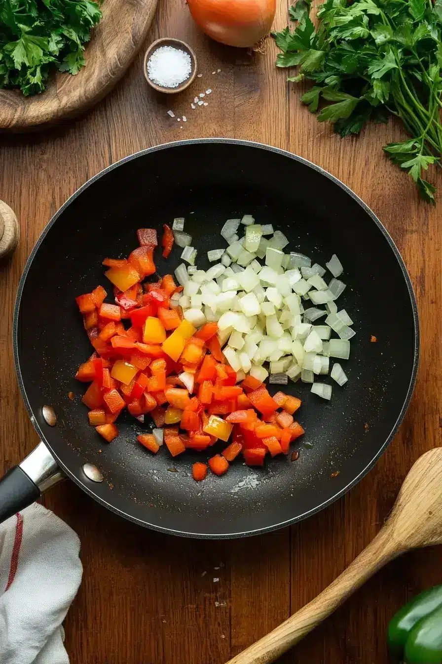 Cooking aromatics and spices for Shakshuka in a skillet