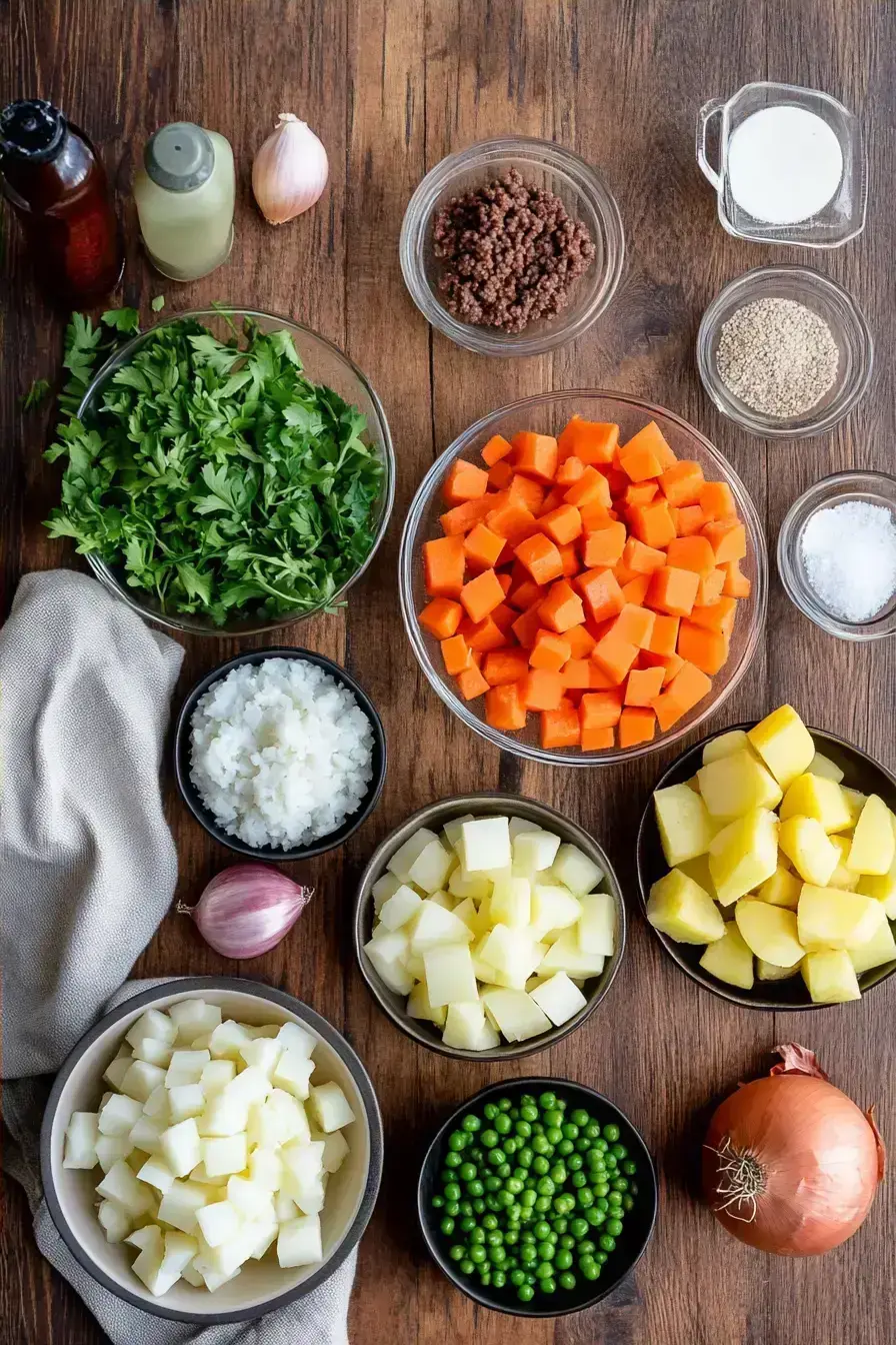 Prepped ingredients for a classic Shepherd's Pie recipe on a rustic kitchen counter