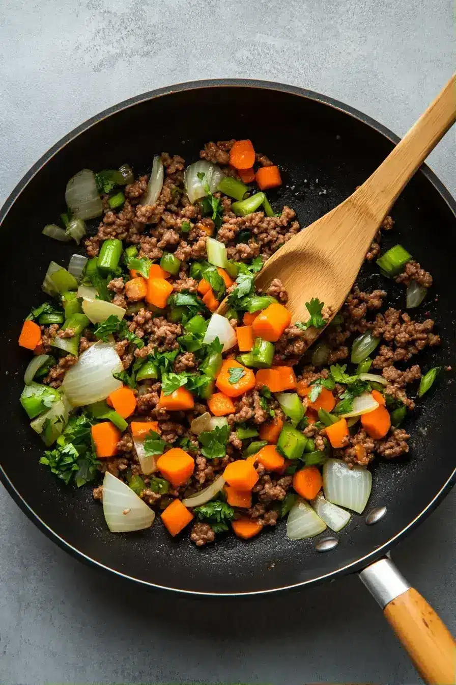 Sautéing vegetables and meat for Shepherd's Pie filling in a cast iron skillet