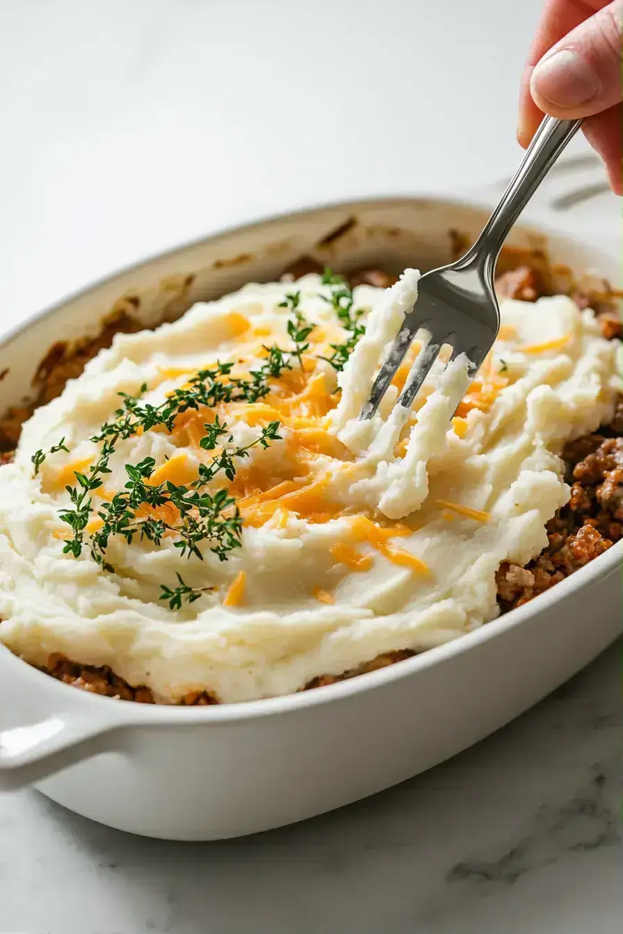 Finished creamy potato topped meat bake fresh from the oven with bubbling cheese