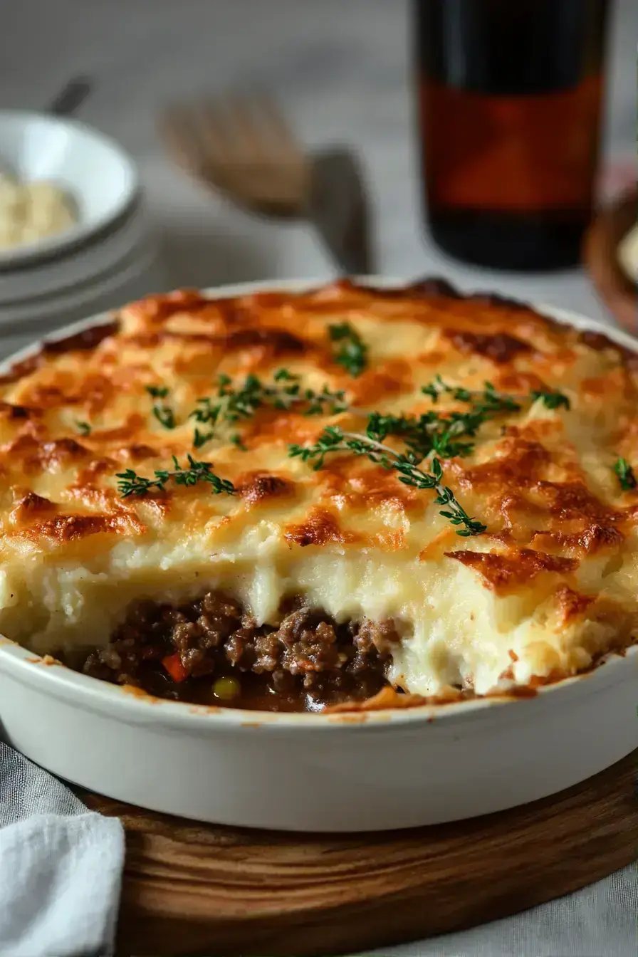 Family style serving of Shepherd's Pie with fresh salad on a rustic farm table