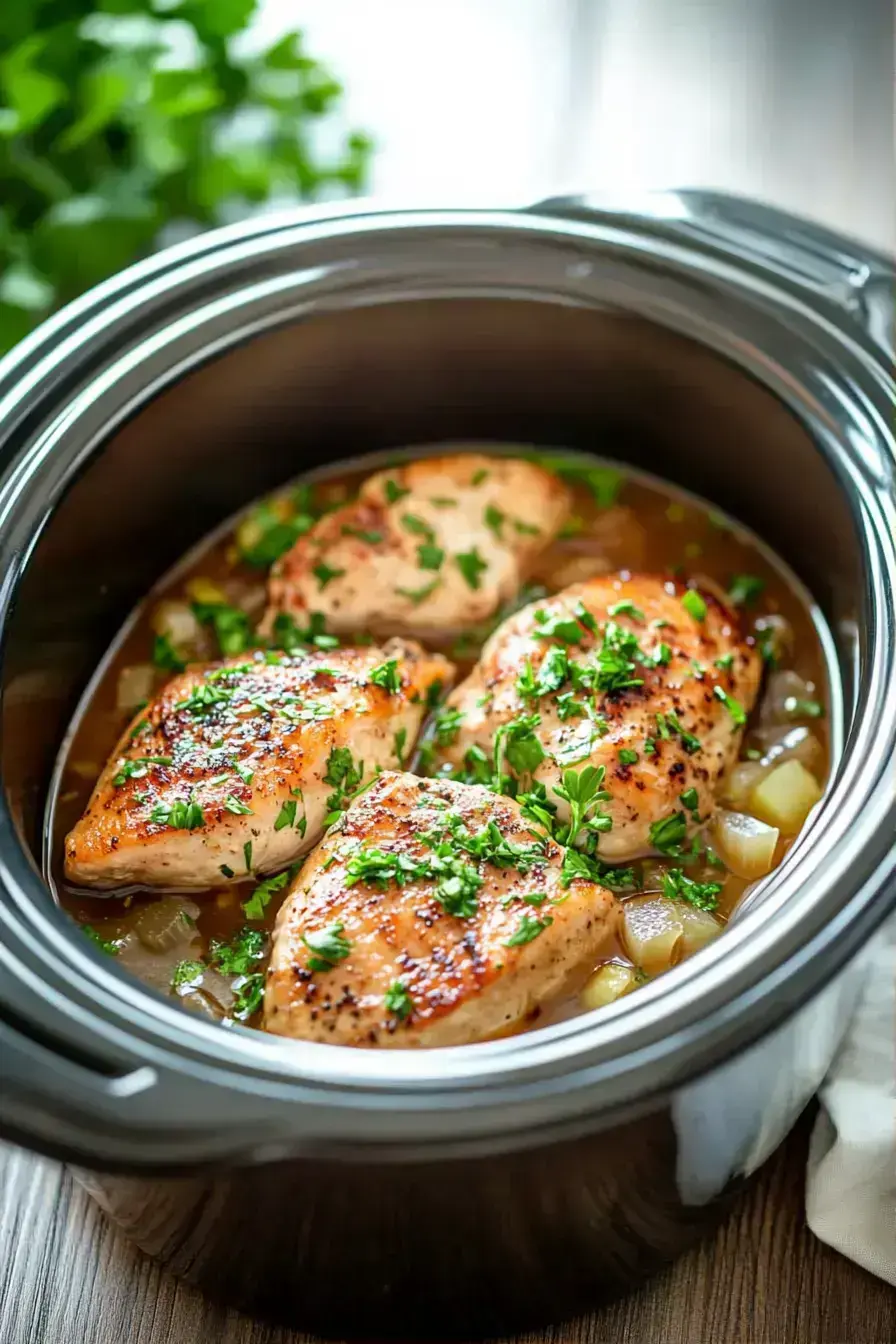 Finished Slow Cooker French Onion Chicken with melted cheese