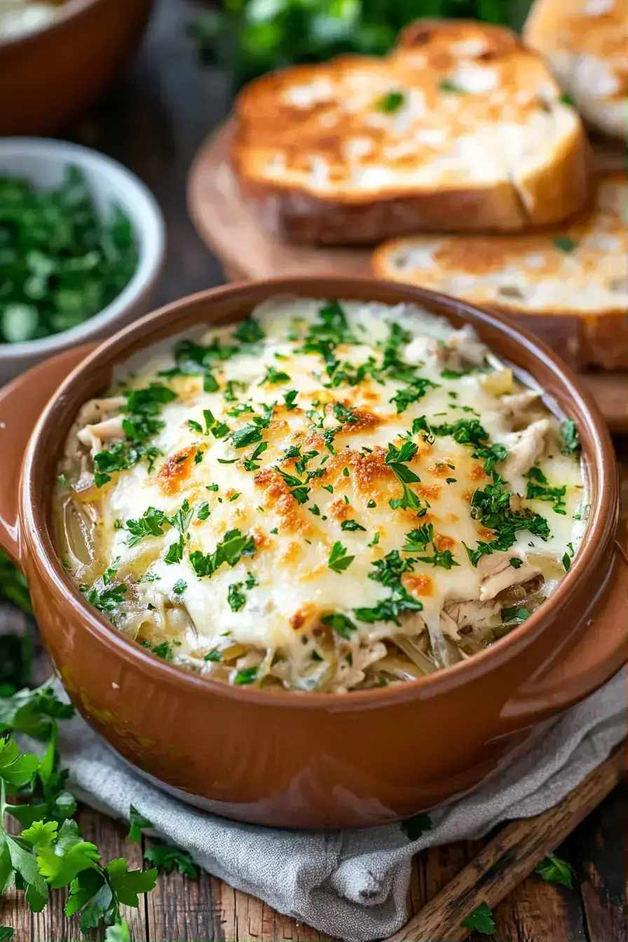 Slow Cooker French Onion Chicken served with toasted bread and salad