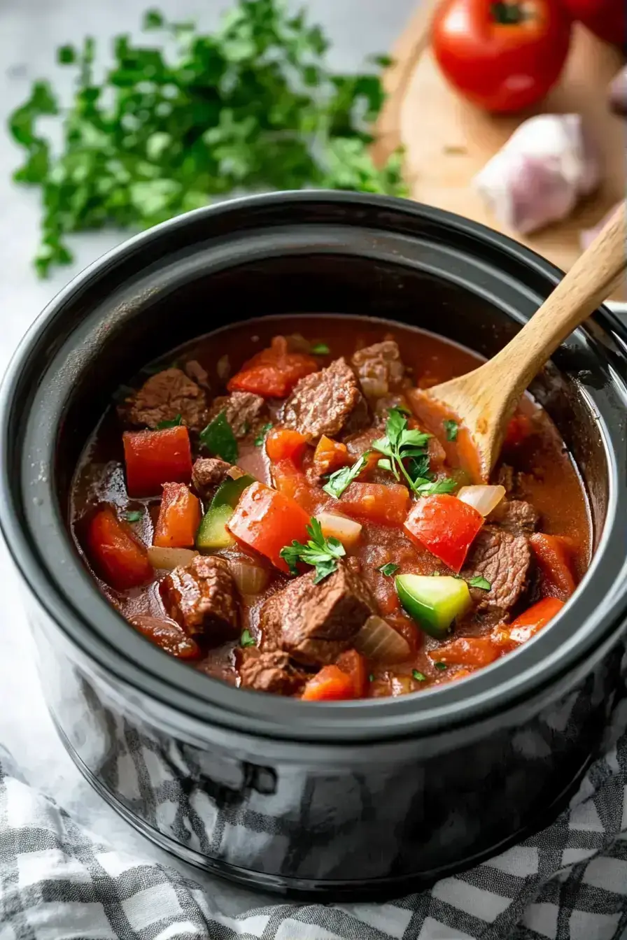 Beef and seasonings cooking together in a slow cooker for tacos