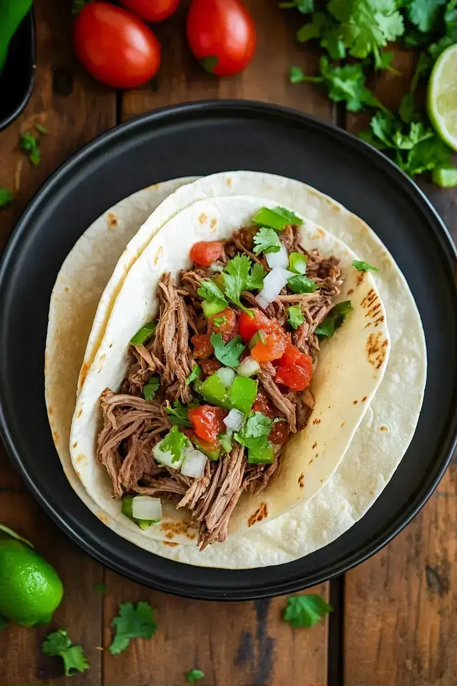 A beautiful spread of slow cooker tacos with colorful toppings and sides