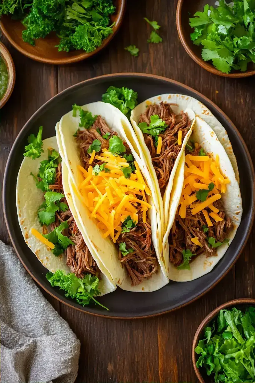 A beautiful platter of fully assembled slow cooker tacos with fresh toppings