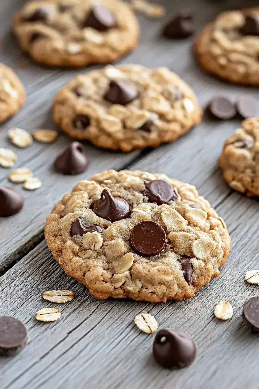Freshly baked small batch oatmeal chocolate chip cookies cooling on a rack