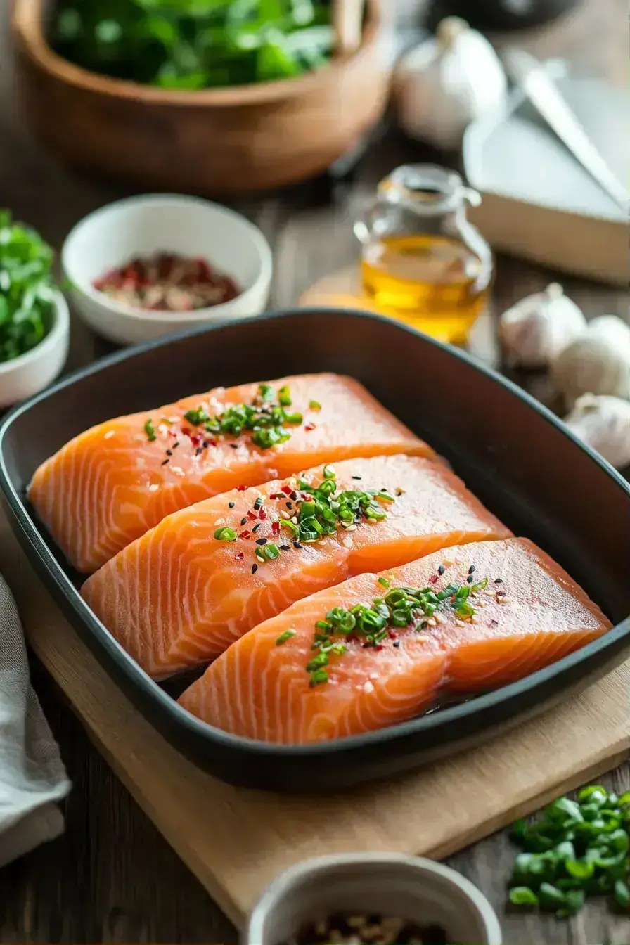 Salmon marinating in ginger garlic soy marinade