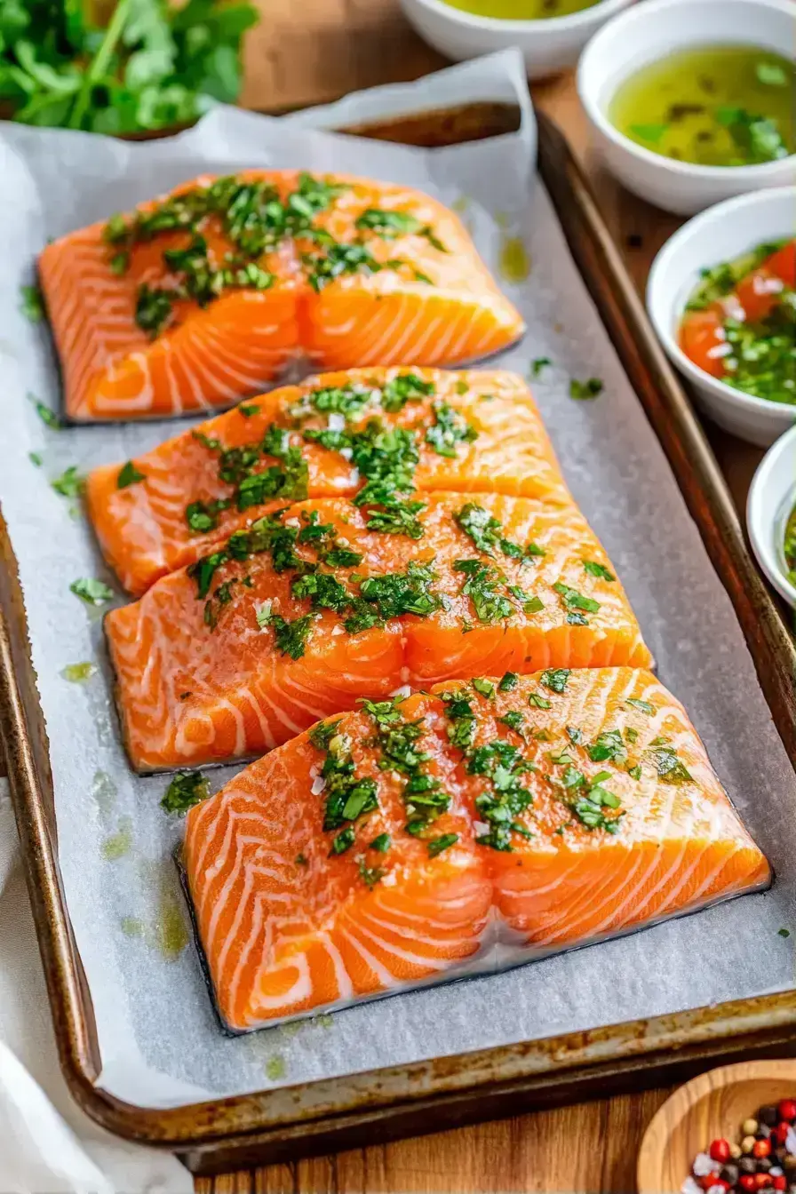 Salmon fillets arranged on baking sheet ready for oven