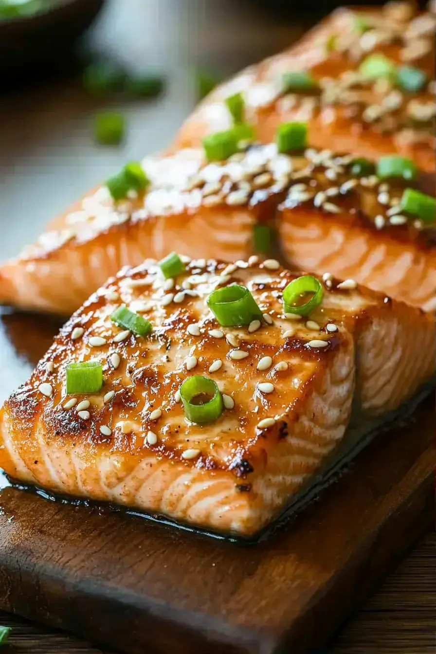 Beautifully plated soy salmon with vegetable sides and rice