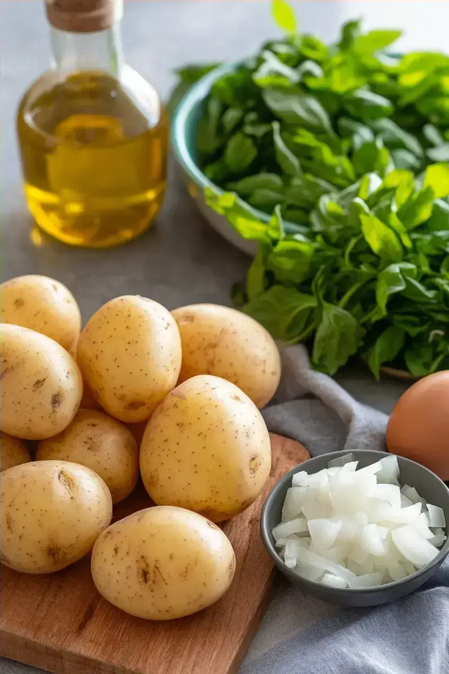 Fresh ingredients for a Spanish Omelette on a wooden counter
