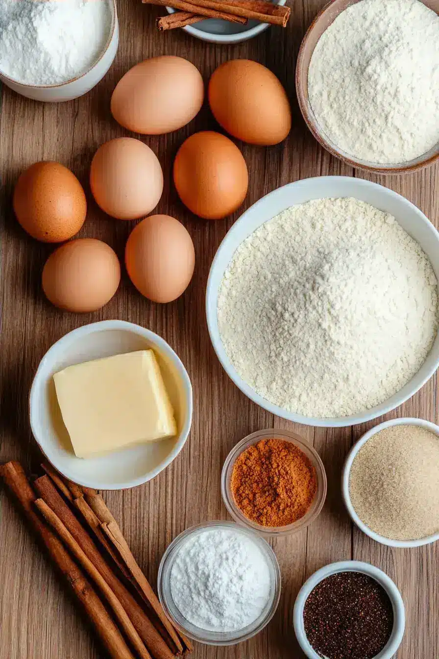 Spice Cake ingredients arranged beautifully on a rustic table