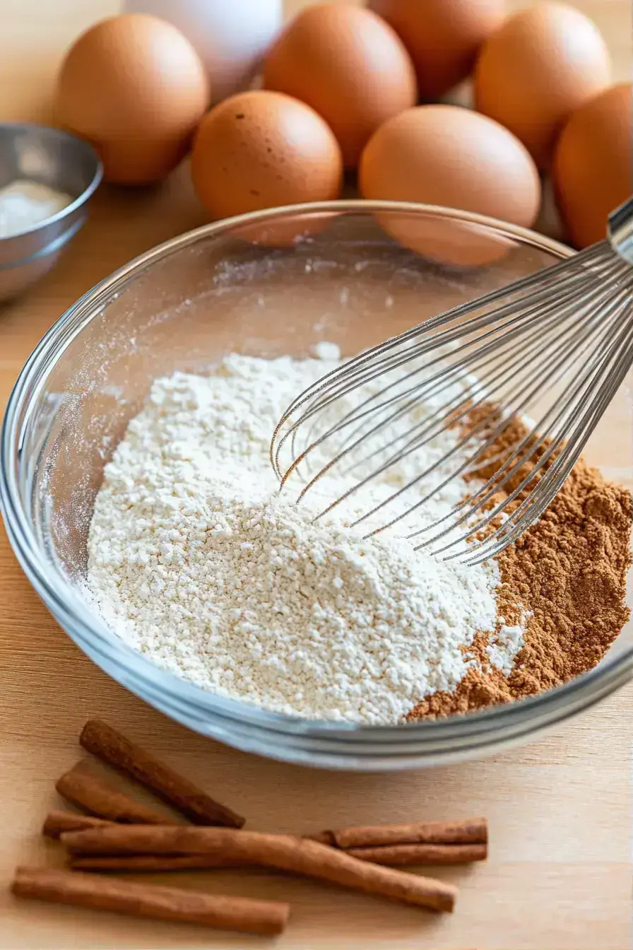 Spice Cake dry ingredients being whisked together in a bowl