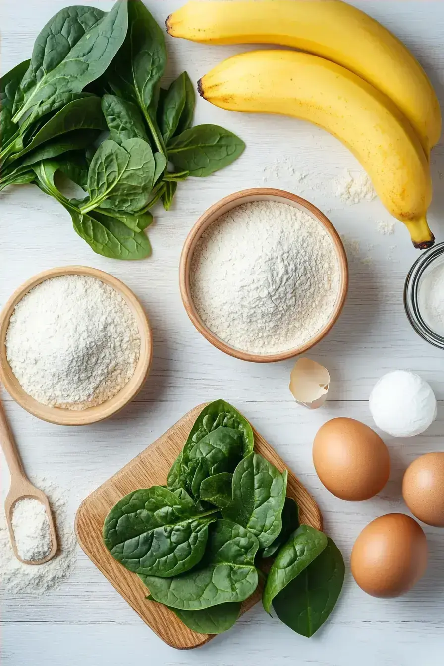 Assembled ingredients for making homemade Spinach Banana Muffins