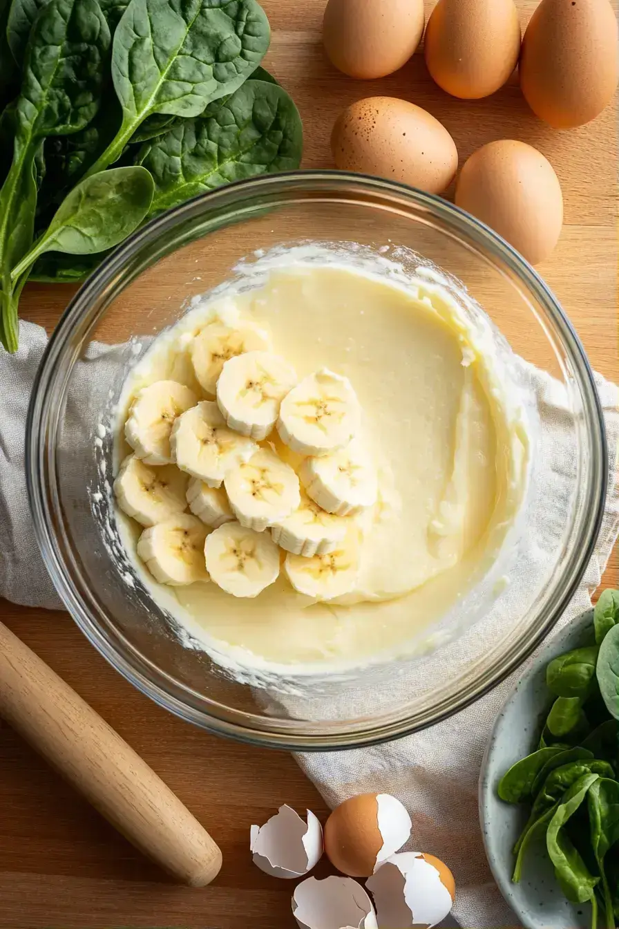 Combining wet ingredients for easy baked snack with spinach