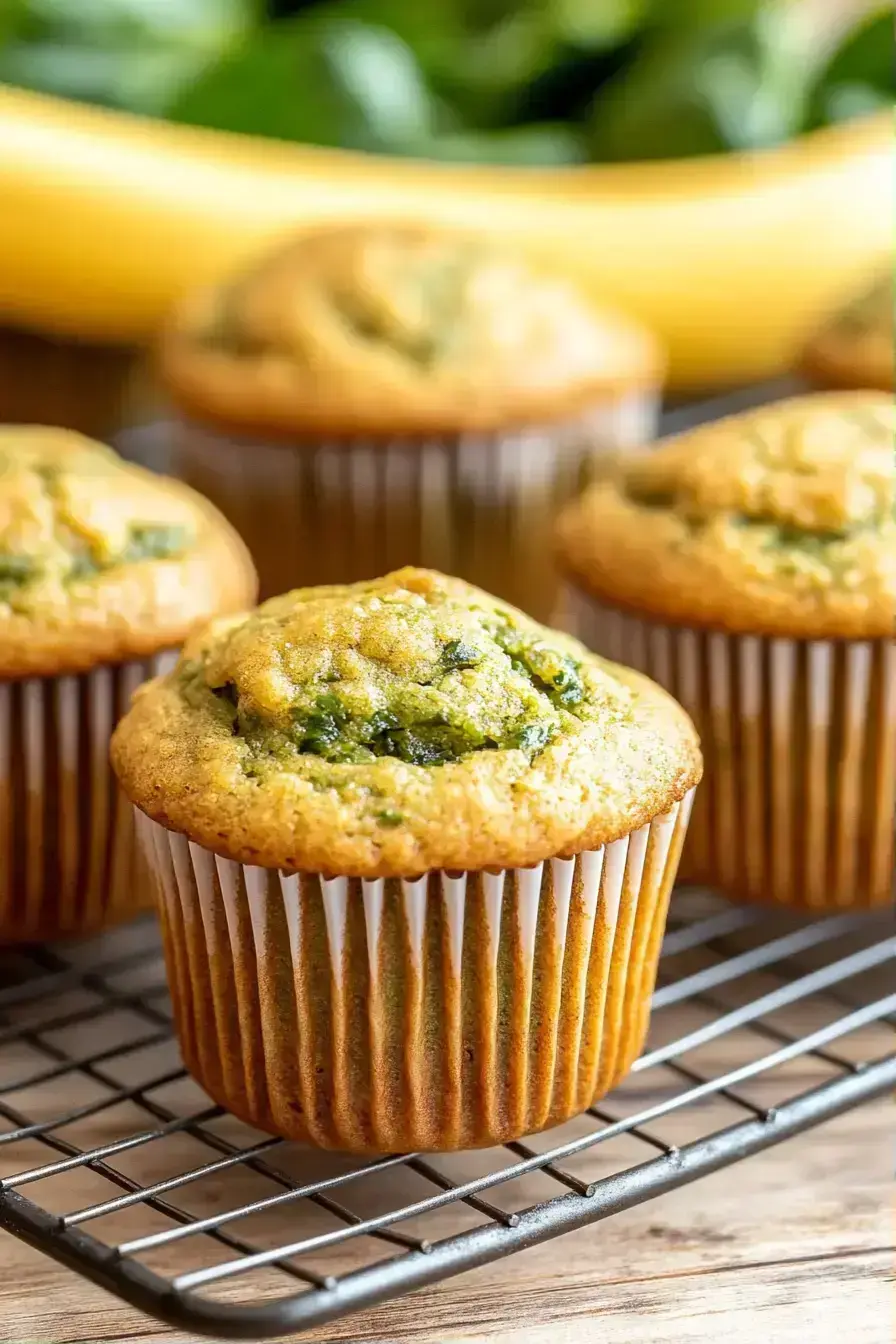 Beautifully served Spinach Banana Muffins on a rustic wooden board with fresh fruit