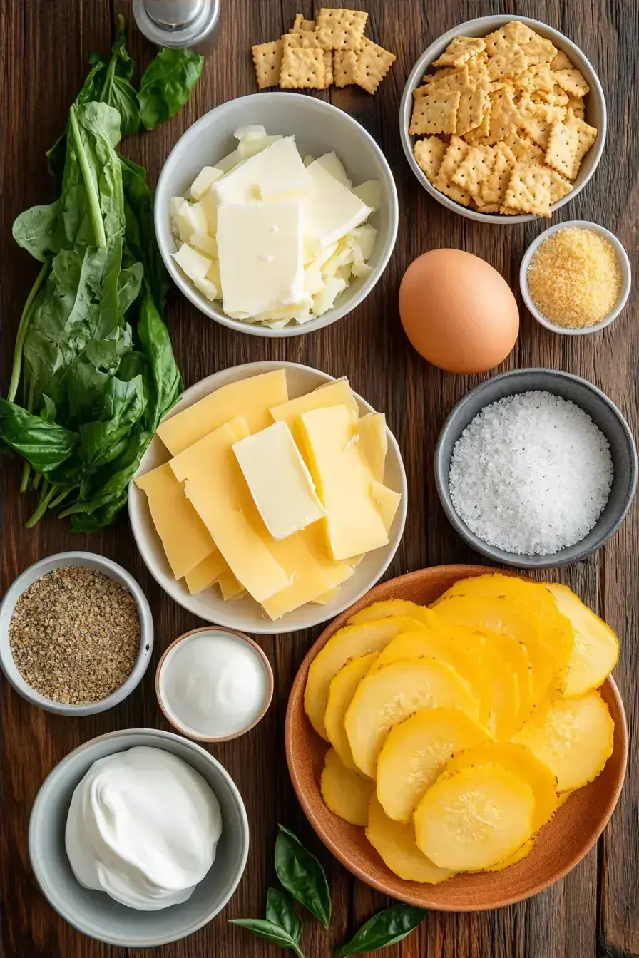 All the fresh ingredients for making a cheesy squash casserole on a kitchen counter