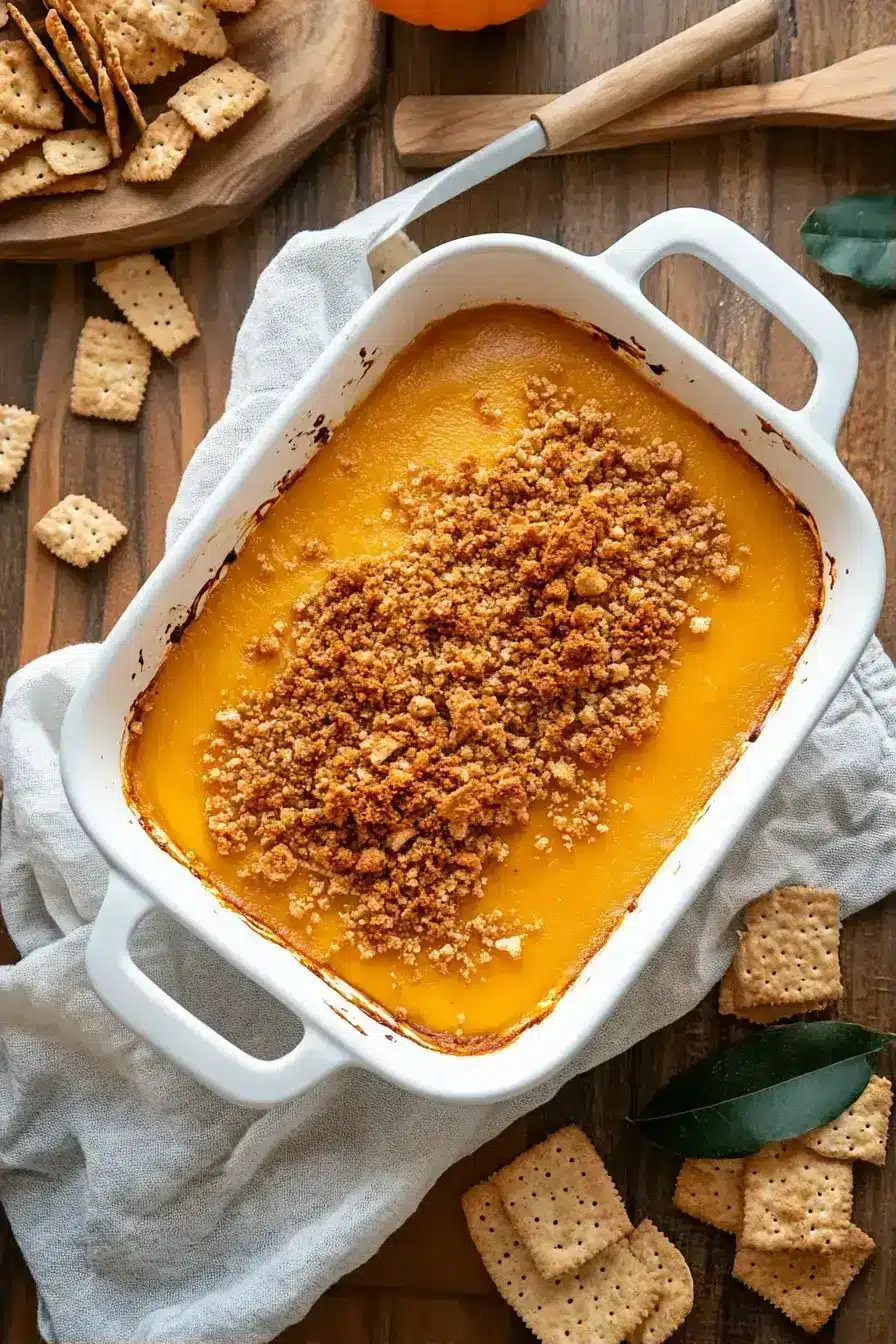 Finished golden baked summer squash with cheese and crackers coming out of the oven
