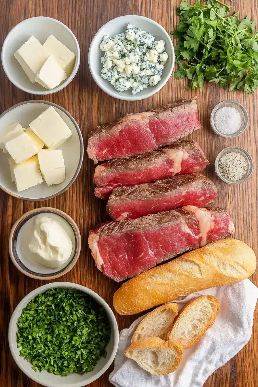 Ingredients for Steak Crostini including ribeye steak and fresh herbs