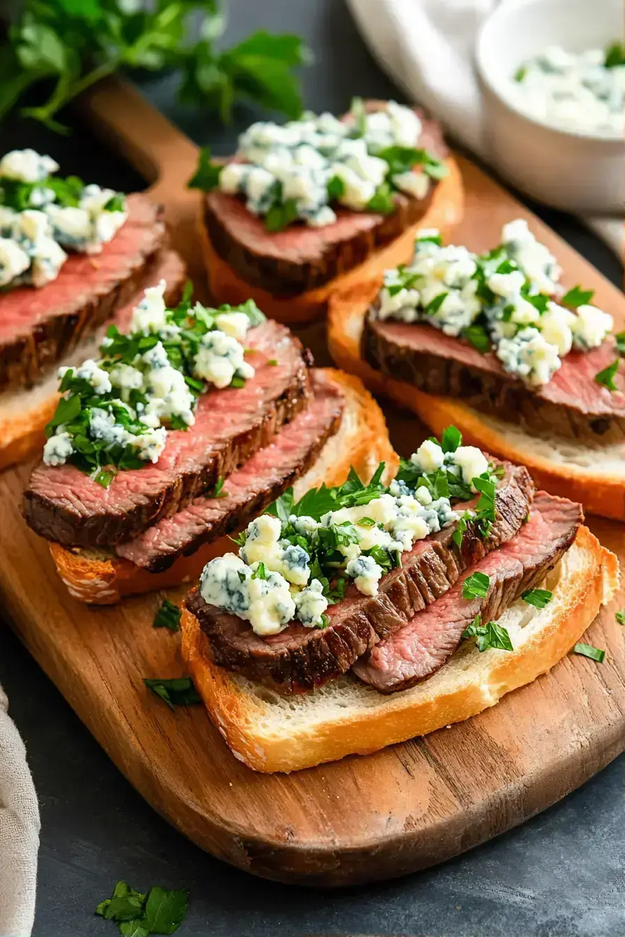 Finished Steak Crostini appetizer plated with garlic parsley garnish
