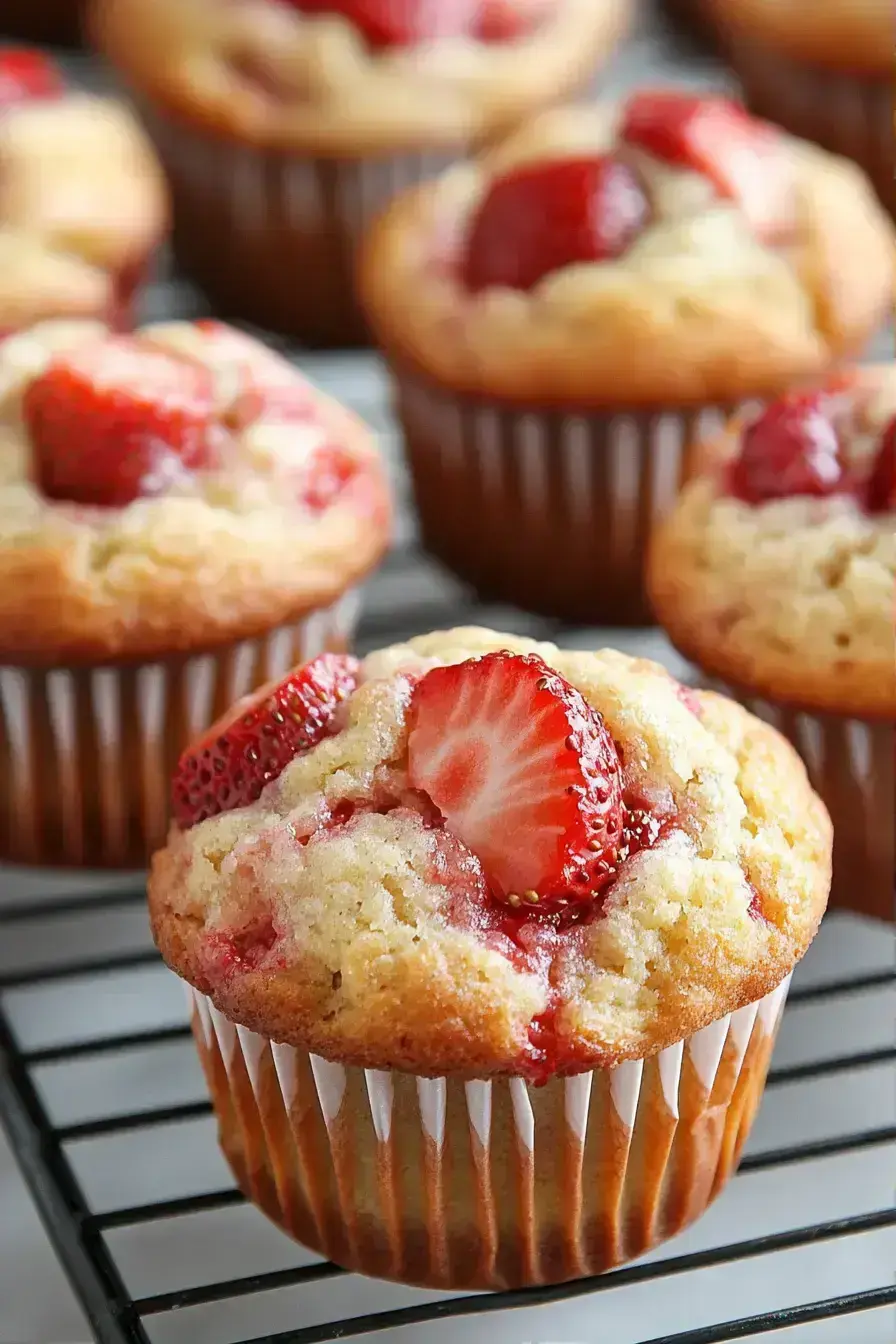Beautifully arranged Strawberry Protein Muffins on a vintage plate with fresh strawberries and coffee