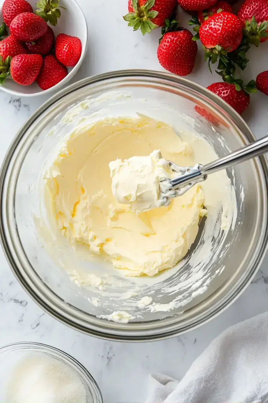 Folding strawberries into the muffin batter