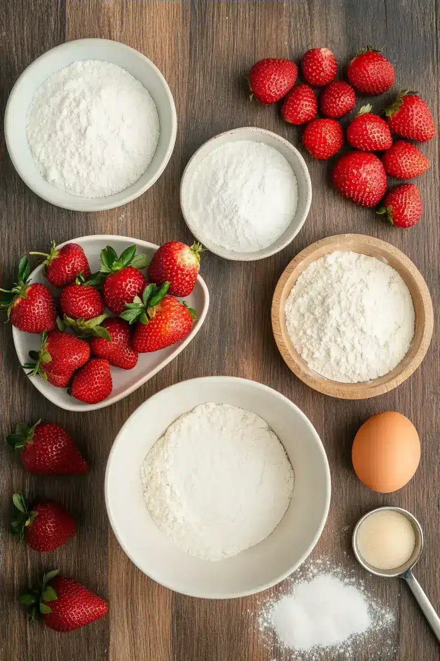 All ingredients for Strawberry Protein Muffins laid out on a rustic kitchen counter