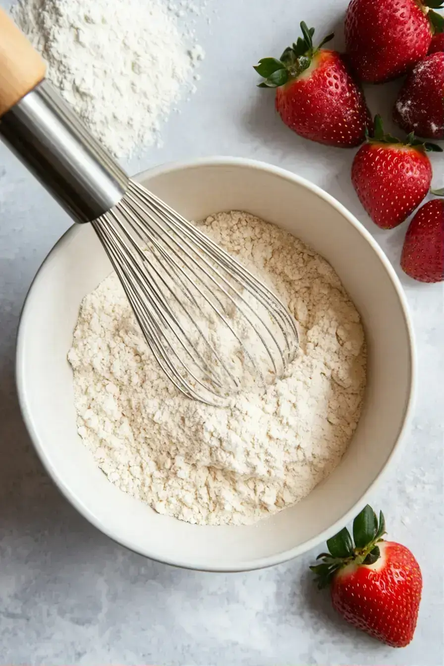Whisking dry ingredients for Strawberry Protein Muffins in a ceramic bowl