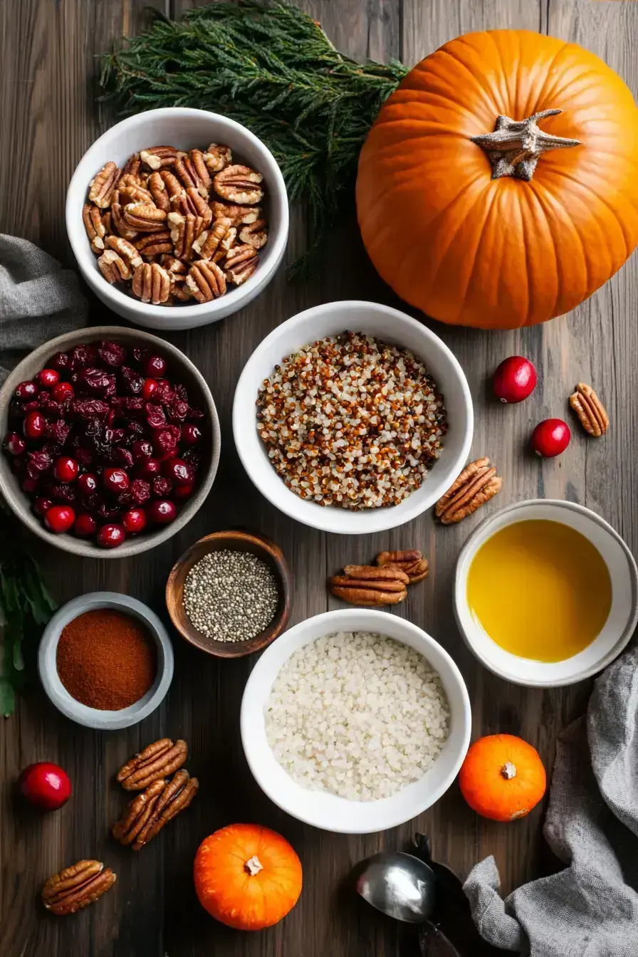 Ingredients for making stuffed pumpkins laid out on a rustic table