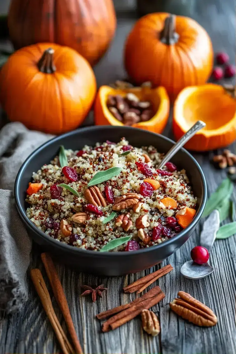Scooping savory quinoa and cranberry stuffing into a pumpkin