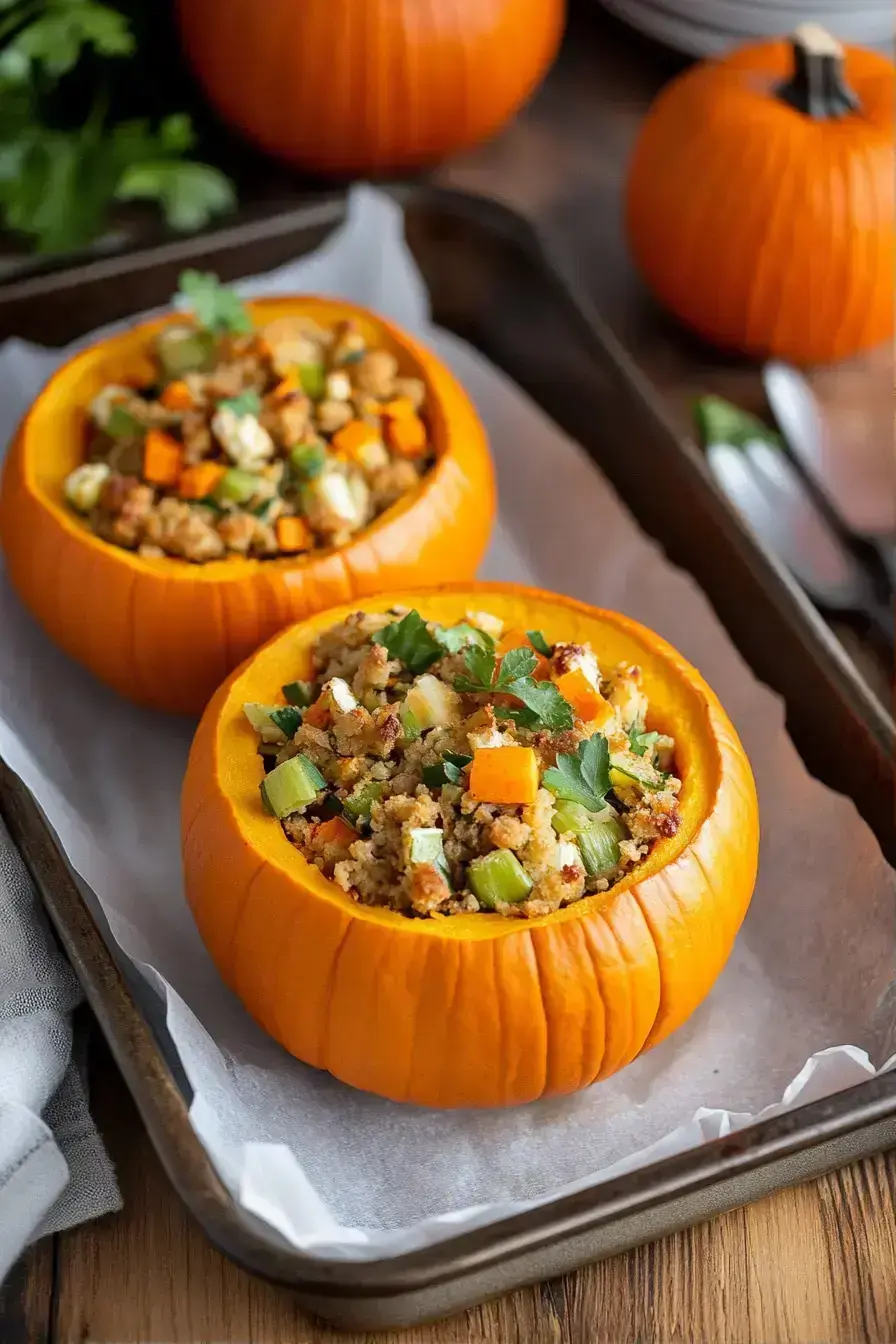 Golden brown baked stuffed pumpkins ready to serve