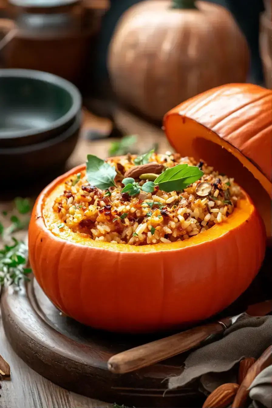 A beautifully served stuffed pumpkin at a festive autumn table setting