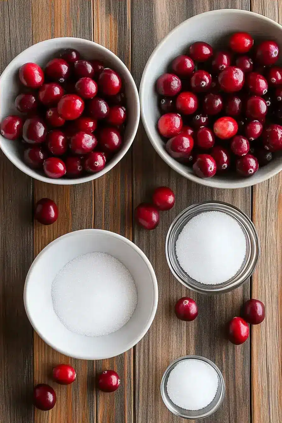 Fresh cranberries, sugar, and water ingredients for making sugared cranberries