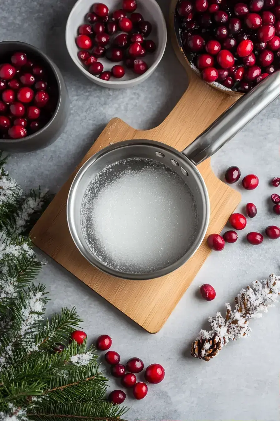 Cranberries soaking in a simple syrup mixture for sugared cranberries