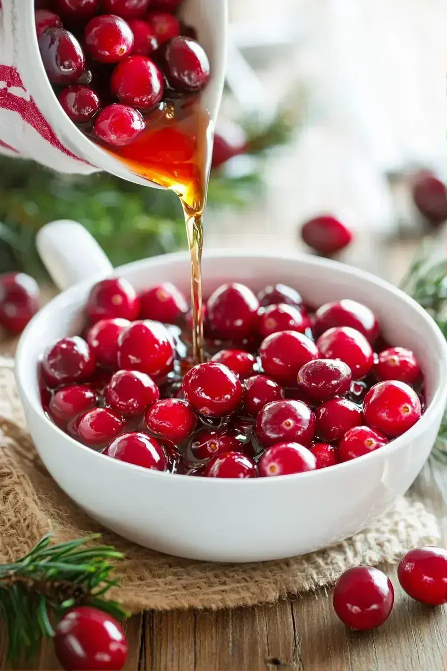 Coating cranberries in superfine sugar to make sugared cranberries