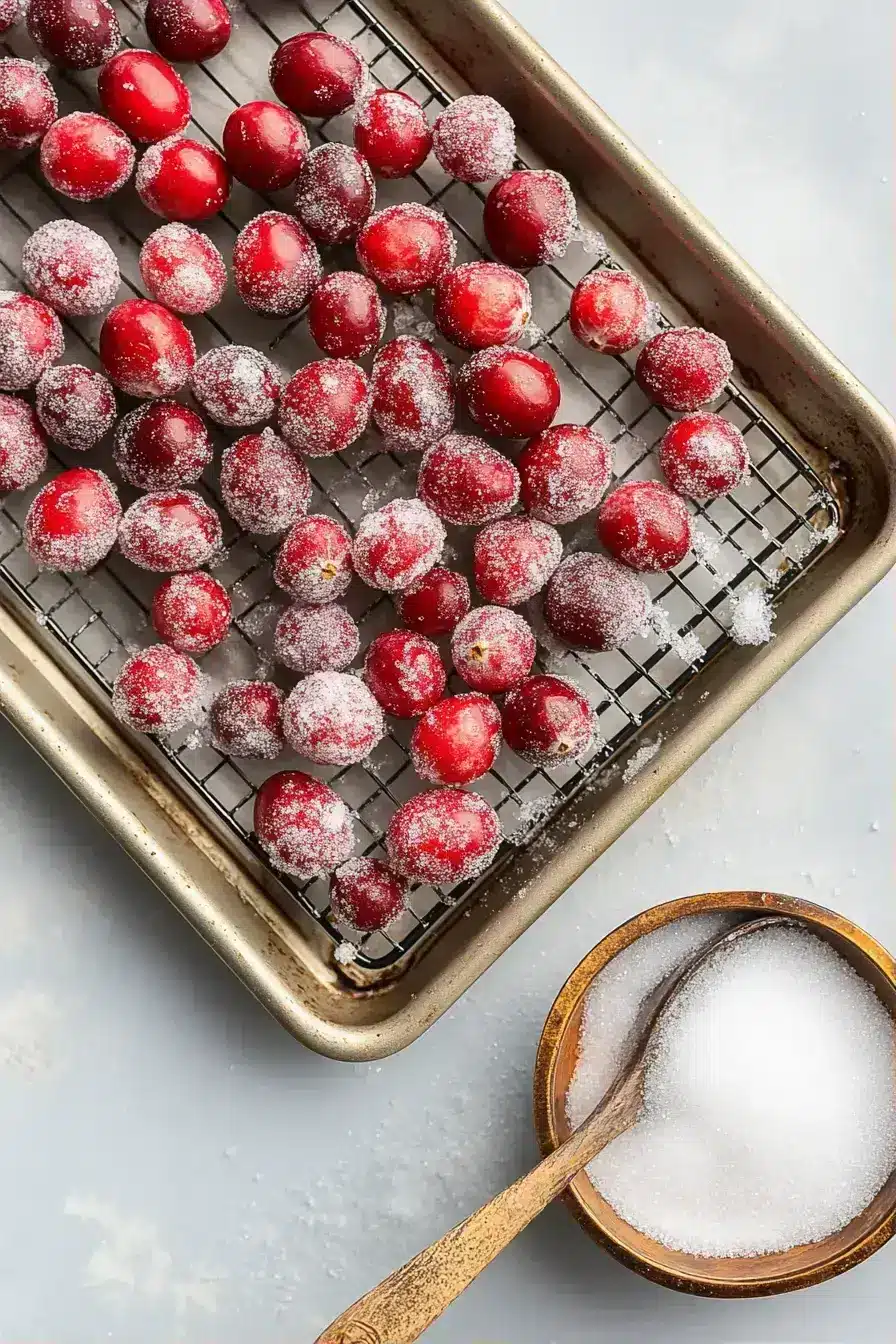 The finished sparkling sugared cranberries ready to garnish desserts