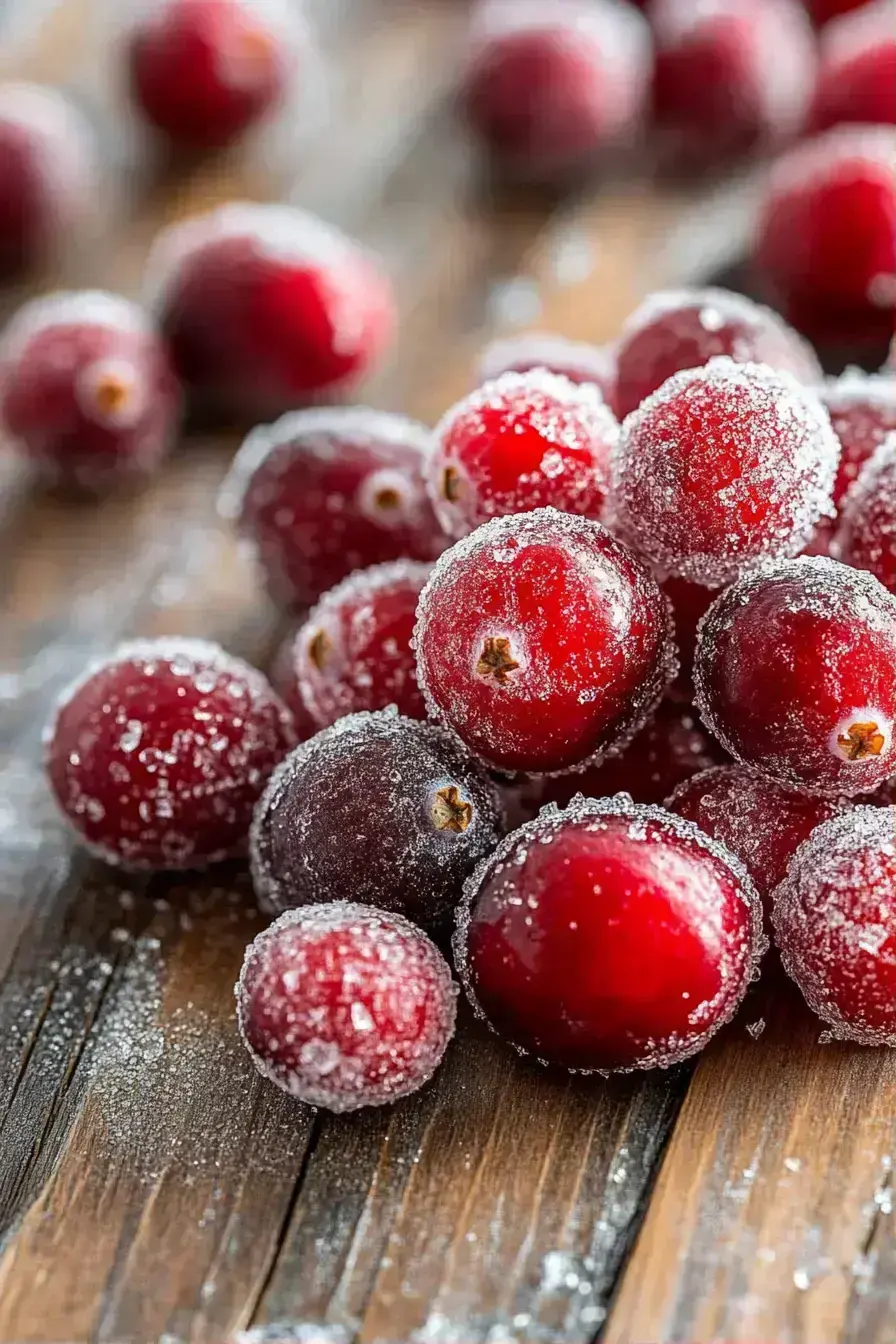 Sugared cranberries beautifully garnishing a holiday cheeseboard with cheeses and fruits