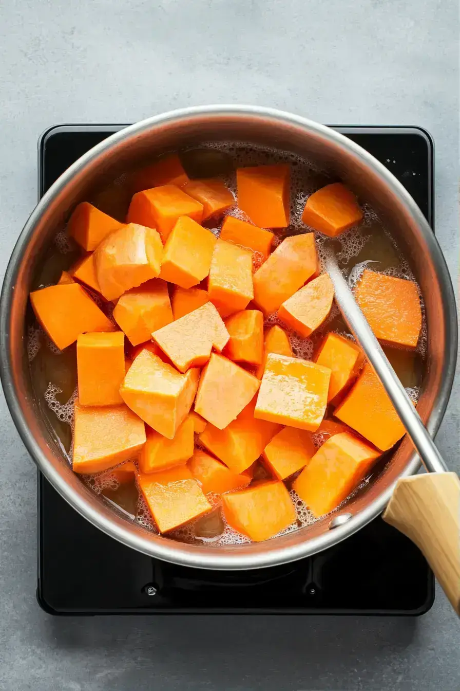 Boiling cubed sweet potatoes in a pot on the stove