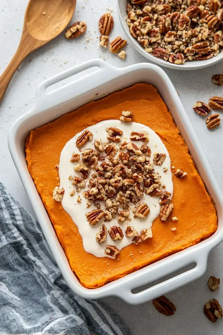 Serving a scoop of finished sweet potato casserole onto a plate