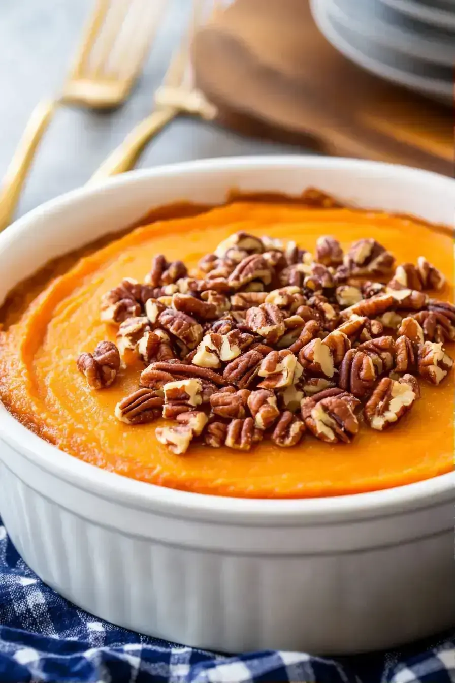 Close-up of sweet potato casserole highlighting its nutritious golden filling and nut topping