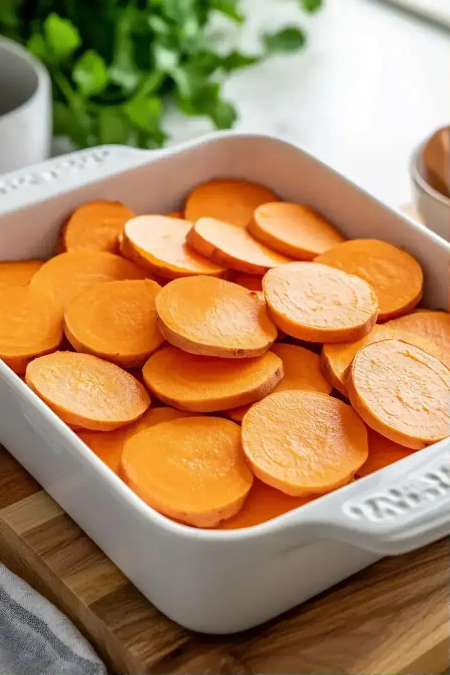 Sweet Potato Cobbler base with sliced sweet potatoes in baking dish
