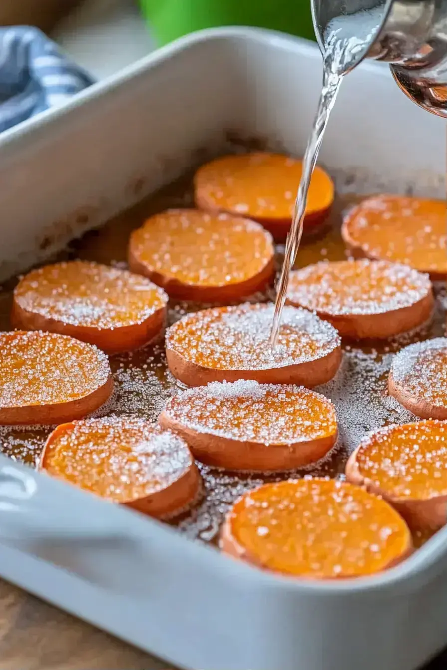 Finished Sweet Potato Cobbler with golden brown crust and caramel sauce