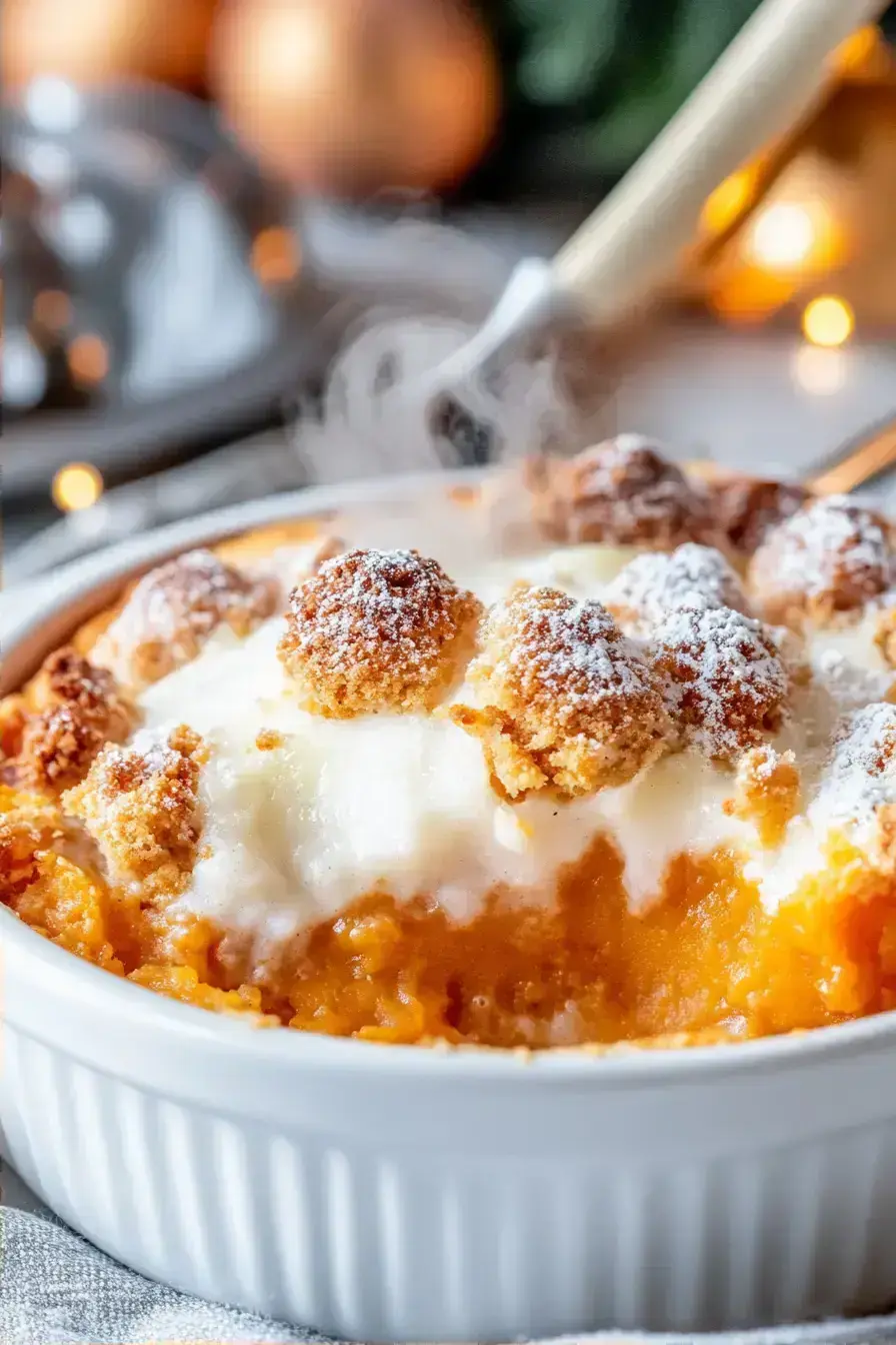 Sweet Potato Cobbler with caramelized brown sugar topping in a baking dish