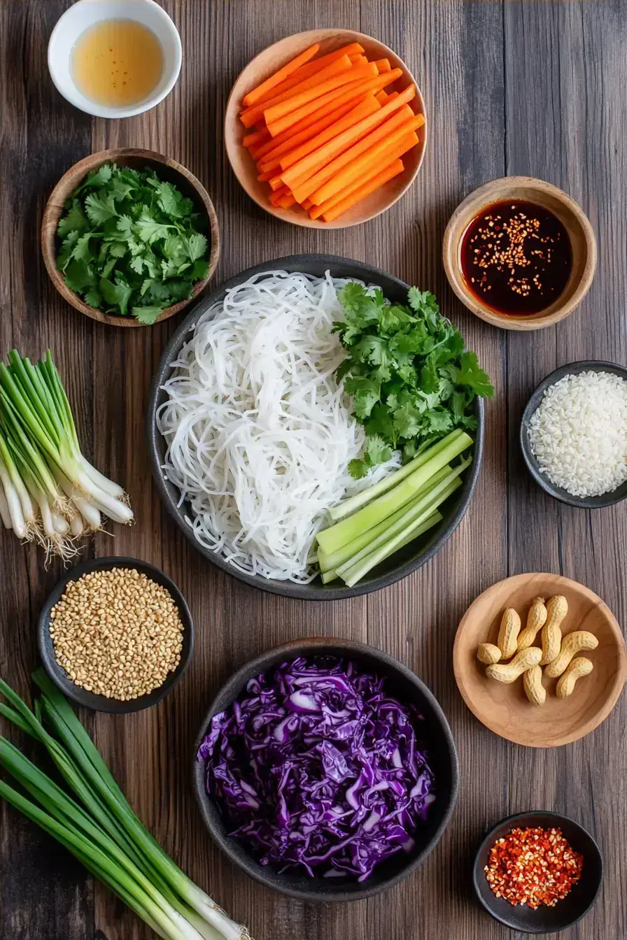 Ingredients for making a fresh Thai Noodle Salad on a wooden table