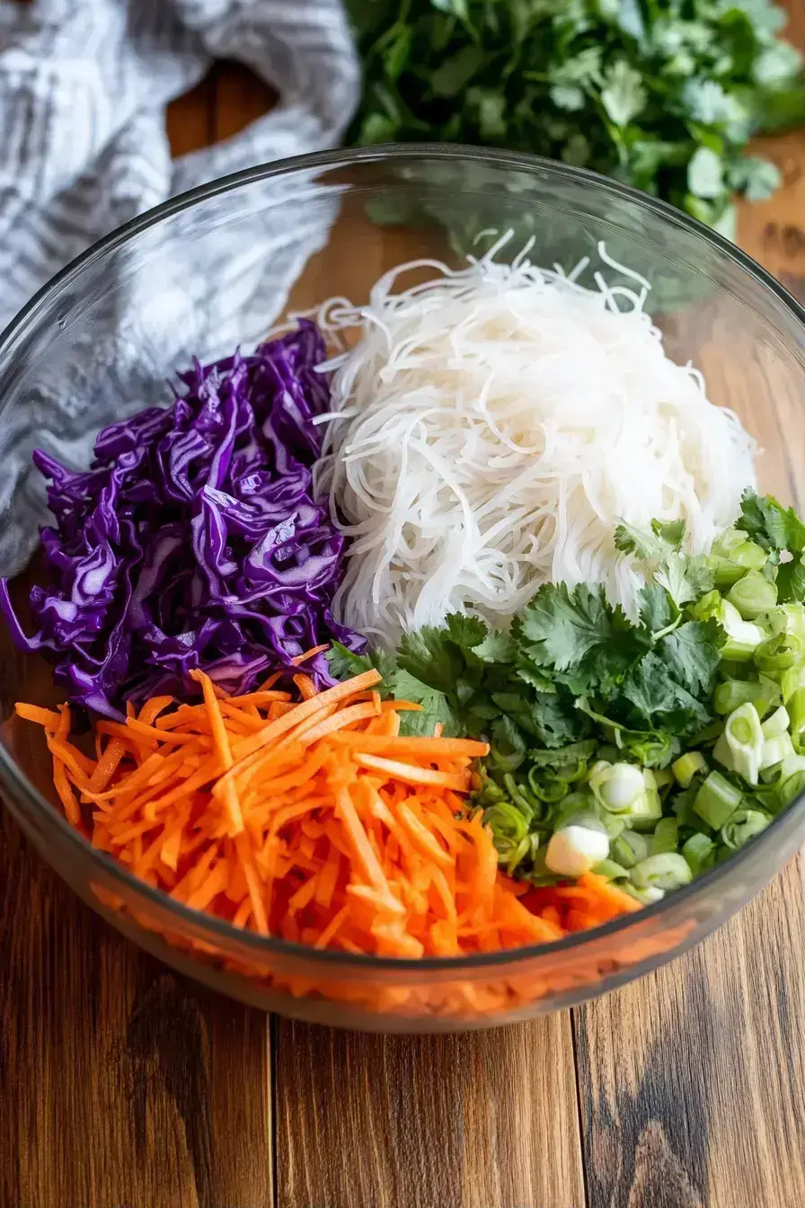 Pouring creamy peanut sauce over a cold rice noodle salad with peanut dressing