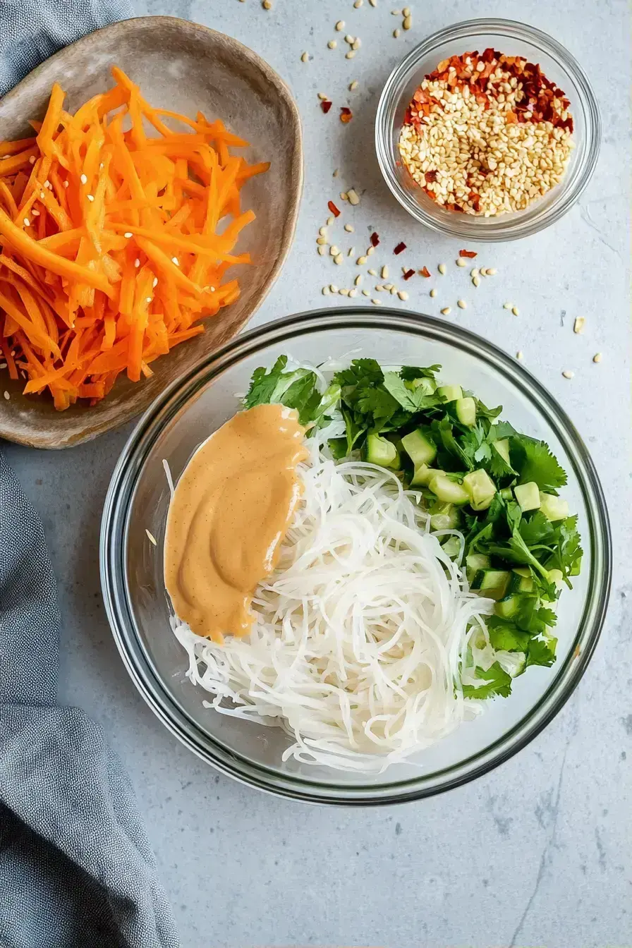 Final presentation of a spicy peanut lime noodle bowl with fresh herbs