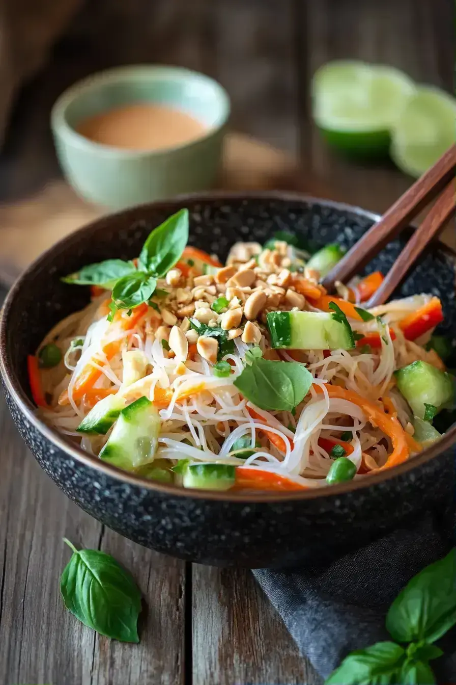 A close-up of the vibrant Thai Noodle Salad highlighting its nutritious ingredients
