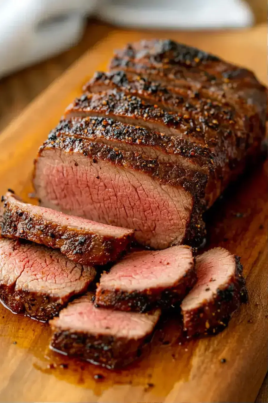 Sliced tri-tip BEEF served on a platter with fresh herbs and lemon wedges