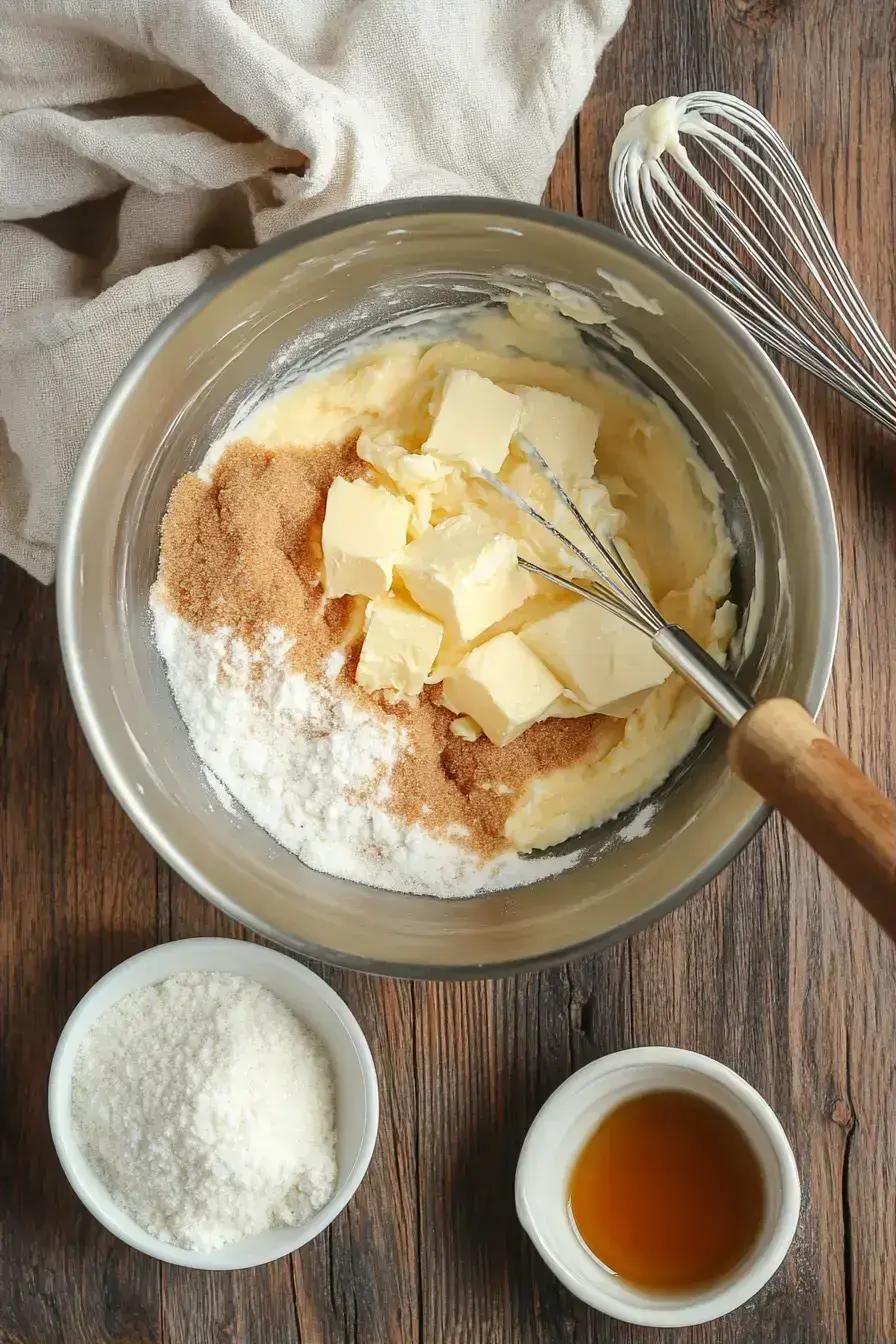 Creaming together vegan butter and sugars to make a fluffy base for the cookies