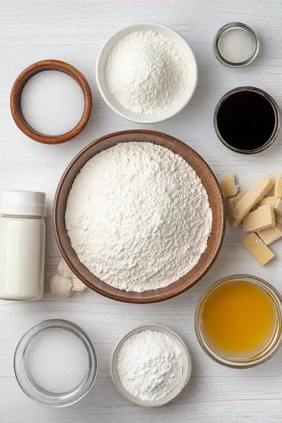 Measured ingredients for a dairy free vanilla cake lined up on a counter